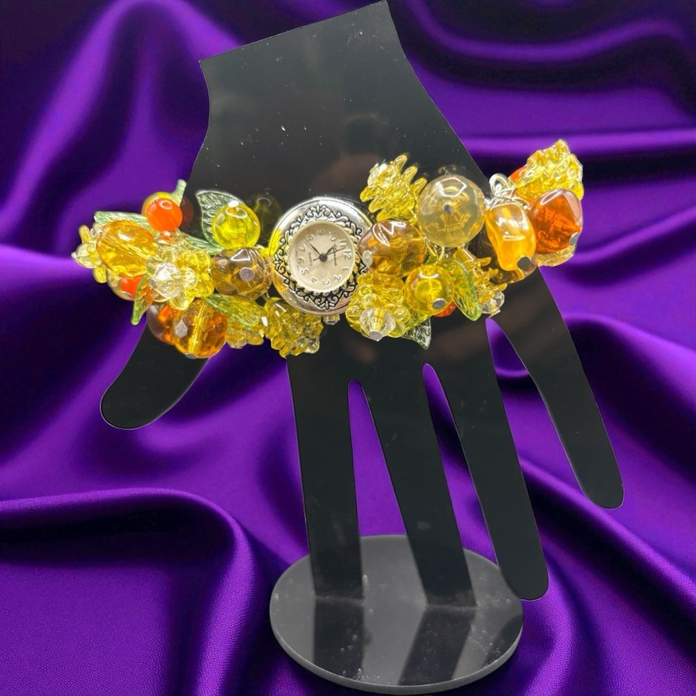 Handmade Autumn Bloom Beaded Watch with Amber, Yellow & Orange Beads